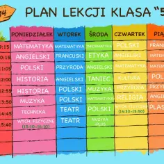 Plan lekcji klasy 5 PSP 114: poniedziałek-piątek, przedmioty takie jak polski, matematyka, angielski, historia, muzyka, technika, wychowanie fizyczne, plastyka, informatyka, etyka, przyroda, taniec, kultura, religia, teatr, francuski.