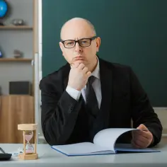 Nauczyciel zamyślony nad zeszytem, zastanawia się nad urlopem dla poratowania zdrowia i pracą w dwóch szkołach.