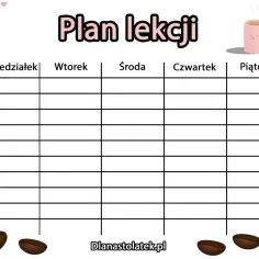Uroczy kubek kawy i ziarna kawy towarzyszą pustej tabeli do układania planu lekcji. Idealny do organizacji tygodnia z "COFFEE POWER!".