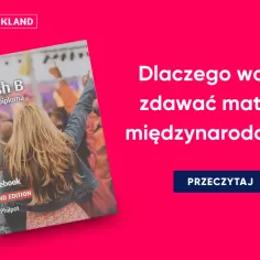Okładka podręcznika "English B for the IB Diploma" i pytanie: "Dlaczego warto zdawać maturę międzynarodową?".