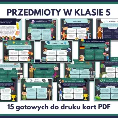 Przedmioty w 5 klasie: matematyka, historia, muzyka, etyka, informatyka, język obcy, technika, biologia, wychowanie fizyczne, religia, geografia.