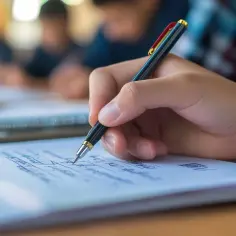 Dłoń pisze długopisem po zeszycie. Uczeń skupiony na zadaniu, być może przygotowuje się do poprawki matury.