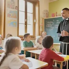 Nauczyciel w sutannie tłumaczy dzieciom, czy w liceum jest religia. Uczniowie słuchają z uwagą.