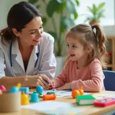Pedagog w przedszkolu z uśmiechem wspiera małą dziewczynkę w rysowaniu. Wesoła atmosfera sprzyja nauce.
