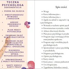 Teczka psychologa z dokumentacją, w tym plan pracy psychologa w przedszkolu, arkusz obserwacji dziecka i karty emocji.