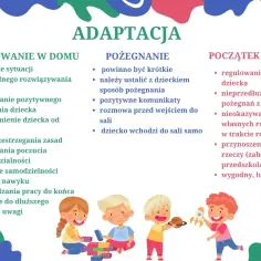Grafika o adaptacji dziecka w przedszkolu. Wskazówki dotyczące przygotowania w domu, pożegnania i początku pobytu. Dzieci bawią się klockami i rakietą. Przedszkole warunki techniczne.