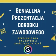 Genialna prezentacja dorobku zawodowego dla nauczycieli kończących staż. Ikony symbolizują naukę i rozwój.