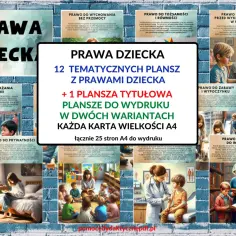 12 plansz z prawami dziecka, w tym konwencja o prawach dziecka, do wydruku A4.