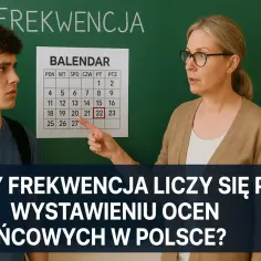 Nauczycielka wskazuje na kalendarz, tłumacząc uczniowi, czy frekwencja liczy się po wystawieniu ocen końcowych.