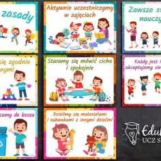 Zasady przedszkolaka: bawimy się zgodnie, słuchamy nauczyciela, segregujemy śmieci. Czy zerówka jest obowiązkowa? Te plakaty pomagają dzieciom zrozumieć zasady.