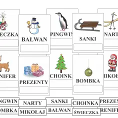 Karty do nauki czytania globalnego: świeczka, bałwan, pingwin, sanki, narty, renifer, prezenty, choinka, bombka, Mikołaj.