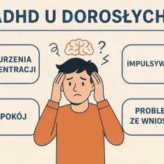Ilustracja przedstawia dorosłego zmagającego się z objawami neuroróżnorodności, takimi jak zaburzenia koncentracji, niepokój, impulsywność i problemy ze wnioskami.