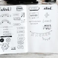 Pomysły na to, co napisać w zeszycie: różne wersje napisu "wtorek" w ozdobnych ramkach i banerach, idealne do bullet journala.