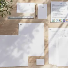 Na drewnianym biurku leżą arkusze papieru A4 i A3, linijka, długopis i nożyczki. Widać też fragmenty dokumentów z tekstem i grafikami, które ilustrują wymiary arkuszy papieru.