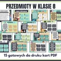 Przedmioty w 8 klasie: matematyka, fizyka, historia, geografia, język polski, chemia, biologia, informatyka, WOS, wychowanie fizyczne, religia/etyka, język obcy.