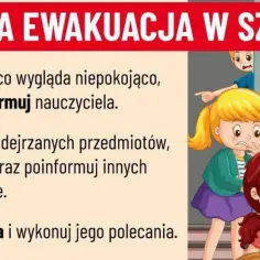 Dzieci ćwiczą **próbną ewakuację** w szkole. Alarm, znak wyjścia i wskazówki dla uczniów.