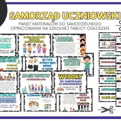 Materiały do stworzenia tablicy ogłoszeń o samorządzie uczniowskim. Zachęcają do głosowania i aktywnego udziału w życiu szkoły.