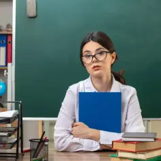 Nauczycielka w okularach trzyma teczkę, przygotowując się do posiedzenia komisji dyscyplinarnej dla nauczycieli.
