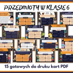 Przedmioty w klasie 6: język polski, matematyka, biologia, geografia, historia, technika, informatyka, wychowanie fizyczne, etyka, religia, język obcy, plastyka, muzyka, zajęcia z wychowawcą.