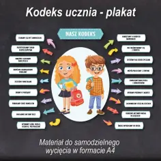 Ilustracja przedstawia dwoje dzieci, chłopca i dziewczynkę, otoczonych kolorowymi strzałkami wskazującymi na zasady kodeksu ucznia.