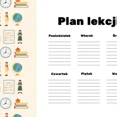 Plan lekcji z elementami szkolnymi. Zastanawiasz się, ile godzin religii w szkole? Ten plan pomoże Ci to zaplanować.