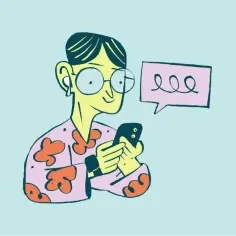 Osoba w okularach i kwiecistej koszuli przegląda telefon, co może symbolizować odkładanie na później ważnych spraw.