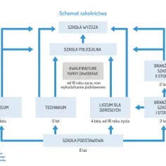 Schemat ścieżek edukacji po szkole podstawowej: liceum, technikum, branżowa I i II stopnia, liceum dla dorosłych. Pomoc w wyborze szkoły średniej.
