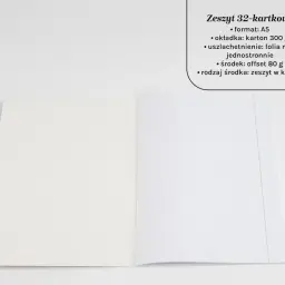 Idealny zeszyt do wosu: 32 kartki, format A5, w kratkę, z matową folią na okładce.