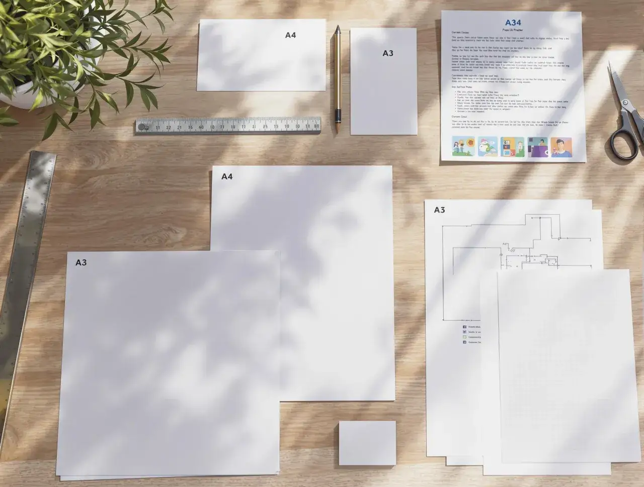 Na drewnianym biurku leżą arkusze papieru A4 i A3, linijka, długopis i nożyczki. Widać też fragmenty dokumentów z tekstem i grafikami, które ilustrują wymiary arkuszy papieru.