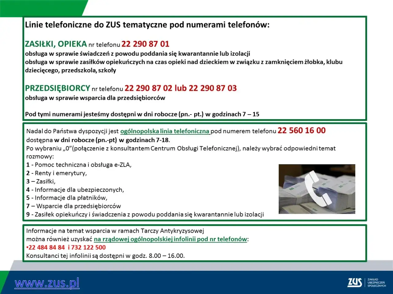 Zasiłek opiekuńczy, pomoc w opiece nad członkiem rodziny, wsparcie dla przedsiębiorców – numery telefonów do ZUS.