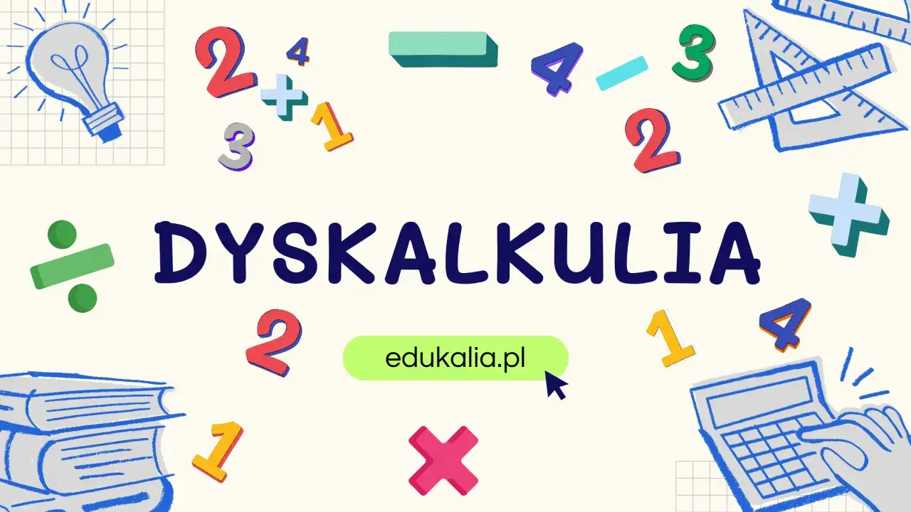 Orzeczenie o dyskalkulii otwiera drogę do wsparcia i zrozumienia trudności w matematyce. Grafika przedstawia liczby, symbole matematyczne i edukacyjne materiały.