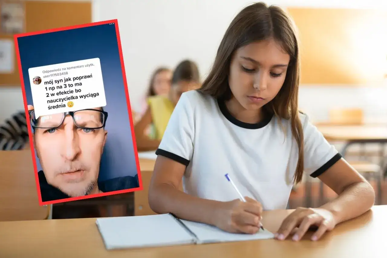 Dziewczynka pisze w zeszycie, obok ekran z komentarzem o synu, który poprawił oceny, ale nauczycielka nadal wyciąga średnią. To może być ocena niedostateczna.