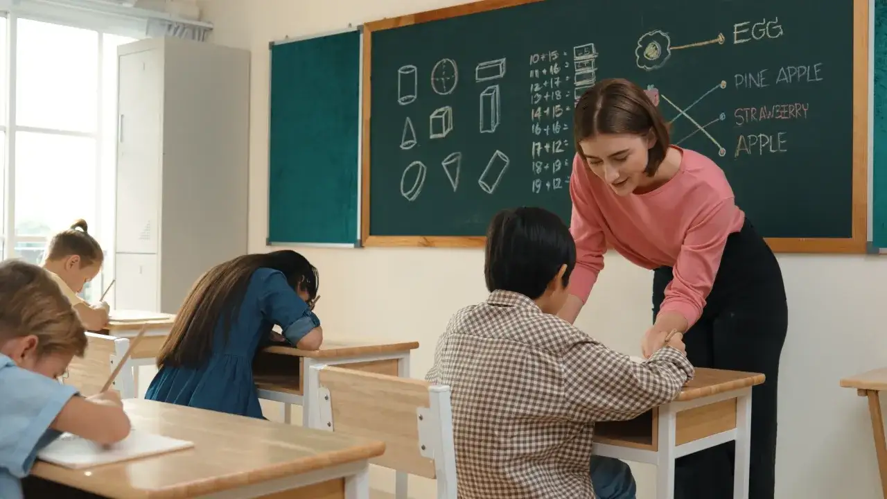 Nauczycielka pomaga uczniowi w zadaniu matematycznym, podczas gdy na tablicy widnieje napis 