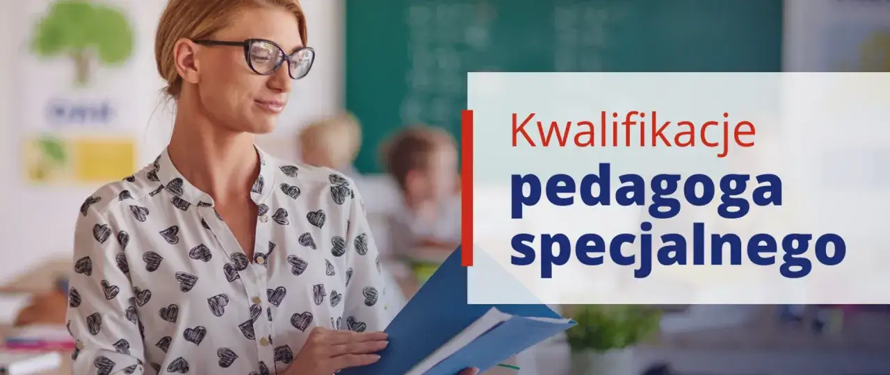 Nauczycielka w okularach z teczką, na tle klasy. Tekst: 
