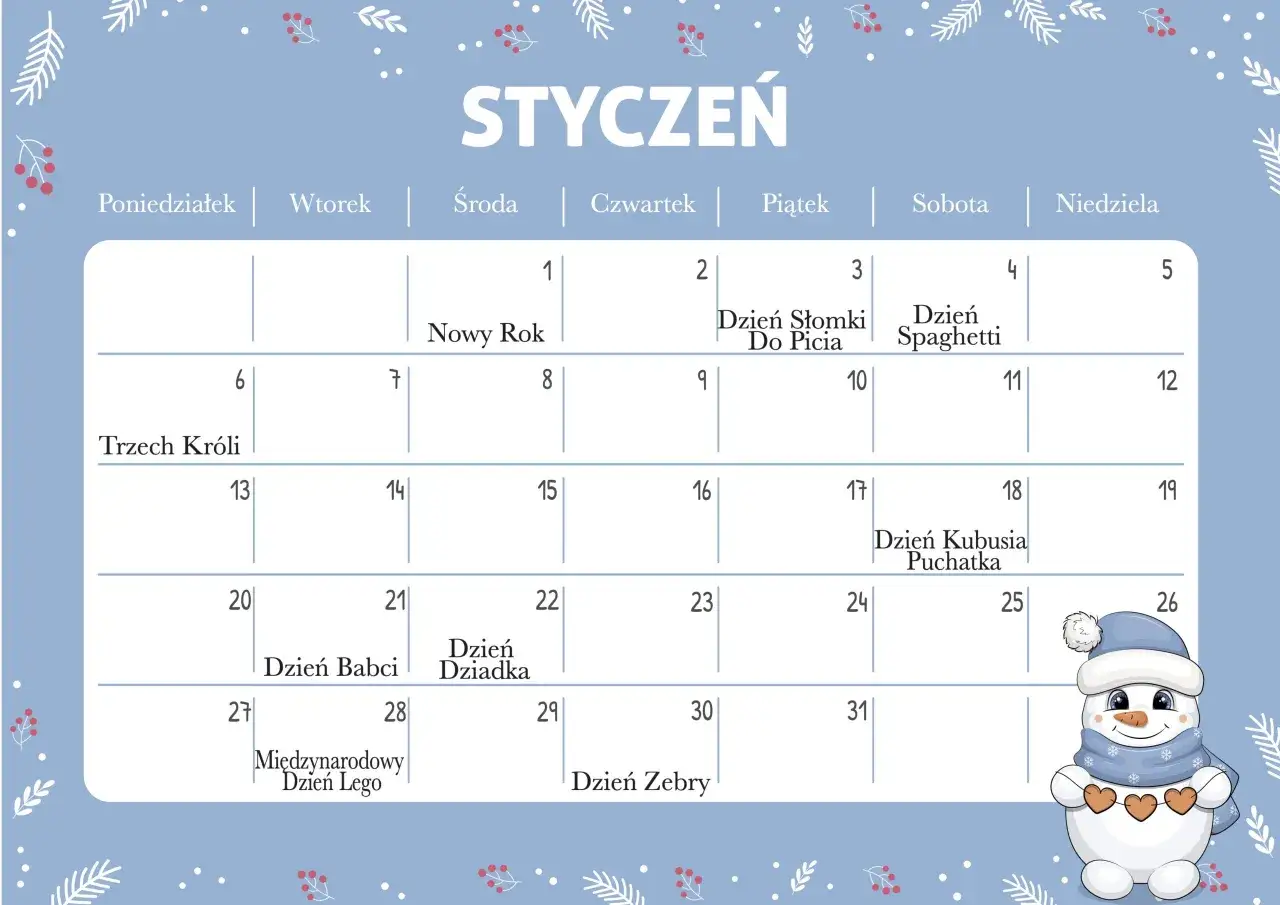Kalendarz na styczeń. 2 stycznia to Dzień Słomki do Picia, nie jest to dzień wolny od szkoły.