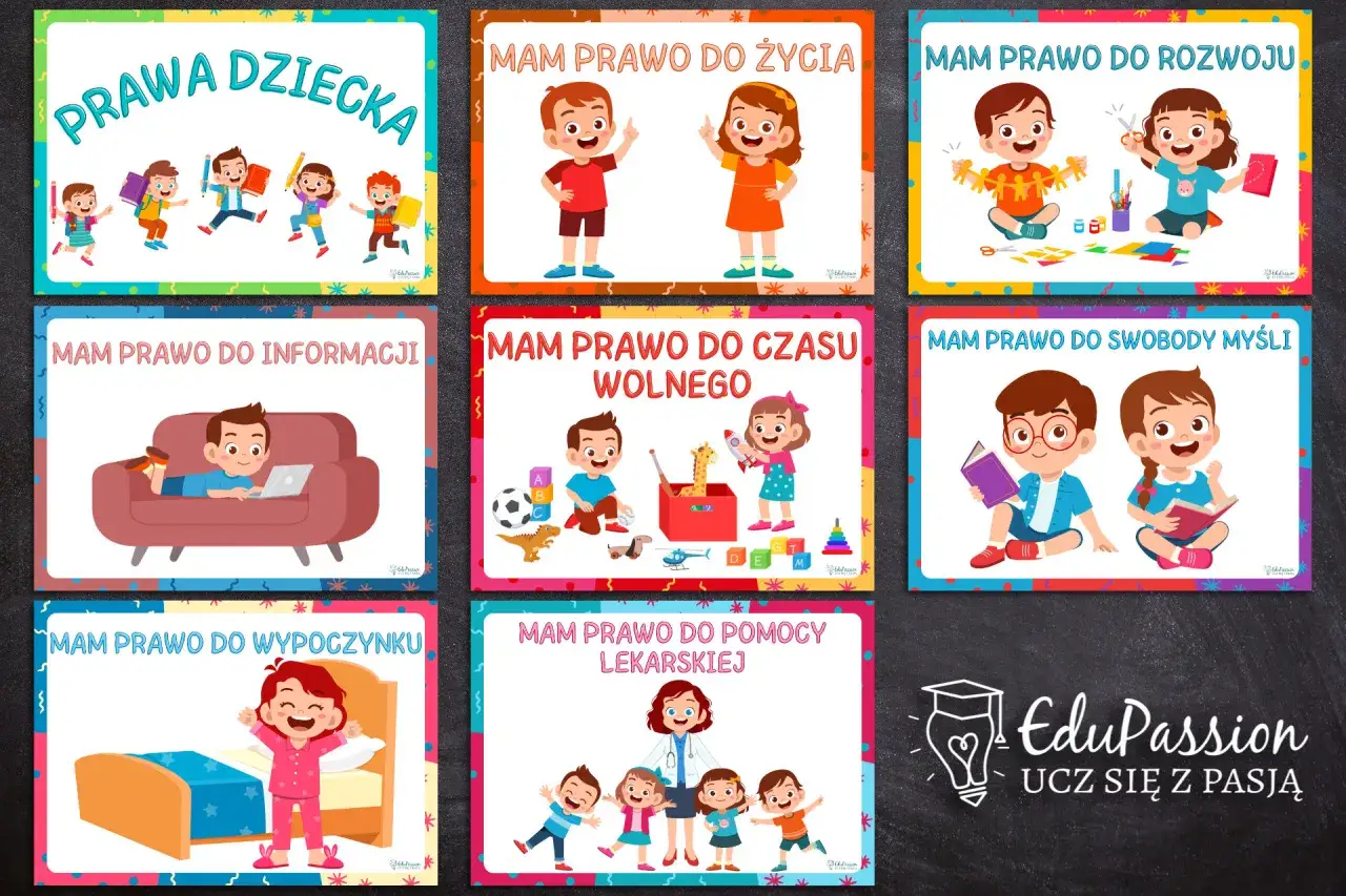 Kolorowe ilustracje przypominają o prawach dziecka, m.in. o prawie do życia, rozwoju, informacji, zabawy i pomocy lekarskiej.