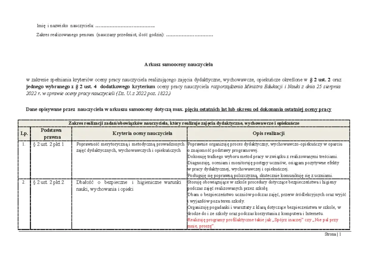Arkusz samooceny nauczyciela dyplomowanego: przykładowa ocena pracy, kryteria i opis realizacji zadań dydaktycznych, wychowawczych i opiekuńczych.