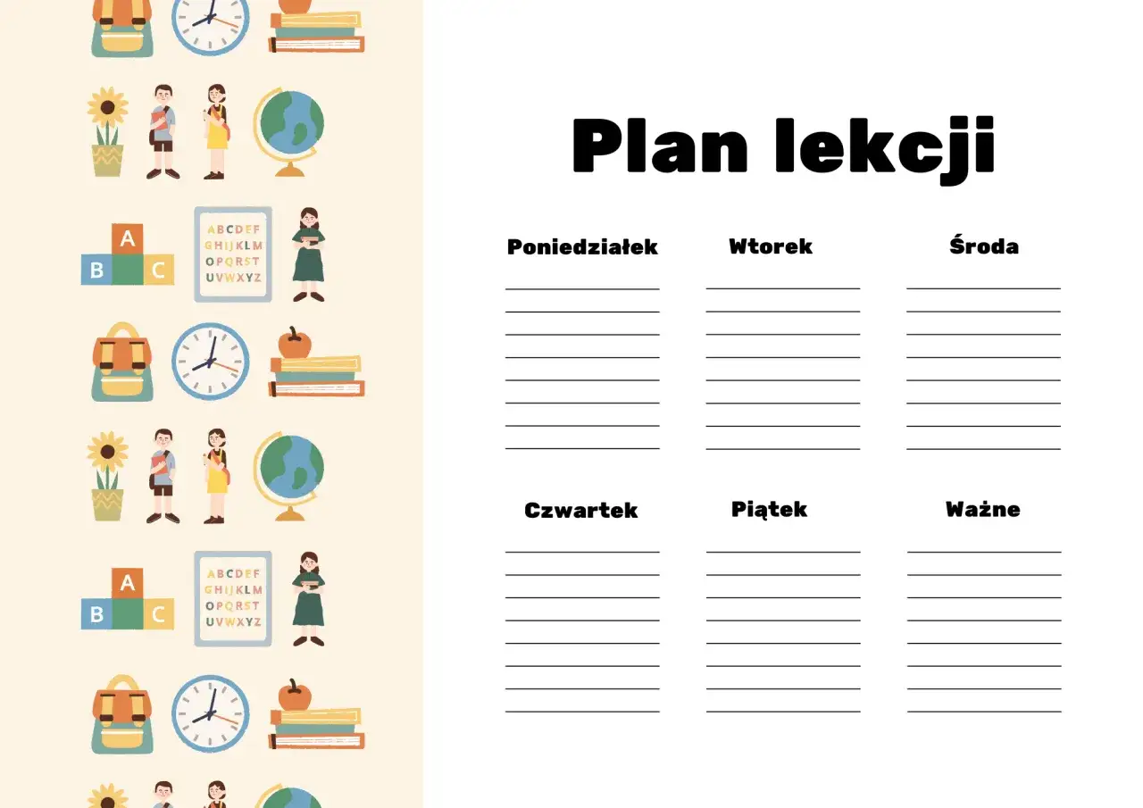 Plan lekcji z ikonami szkolnymi. Zastanawiasz się, ile godzin religii w szkole? Ten plan pomoże Ci to zaplanować.