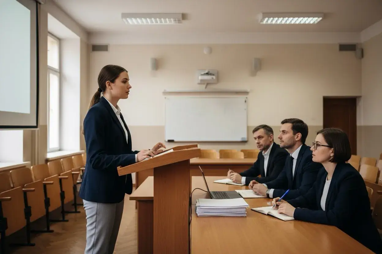 Młoda kobieta prezentuje przed komisją. To dyplomowanie po staremu, w sali wykładowej z ławami i mównicą.