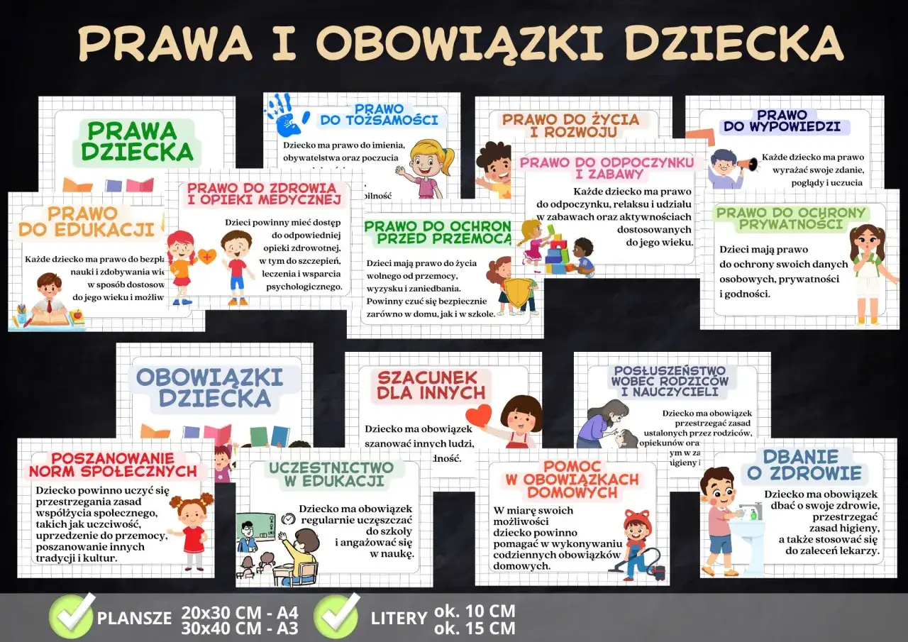 Plakat o prawach dziecka: edukacja, zdrowie, zabawa, wypowiedź, ochrona, szacunek, higiena.