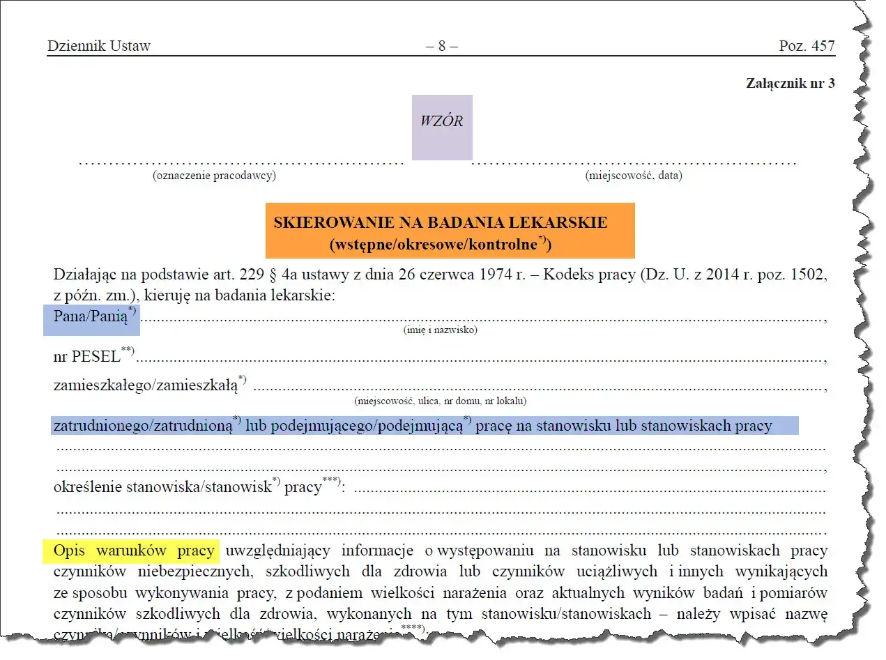 Skierowanie na badania lekarskie (wstępne/okresowe/kontrolne). Dokument zawiera dane pracownika i opis warunków pracy, niezbędne do przeprowadzenia badań kontrolnych.
