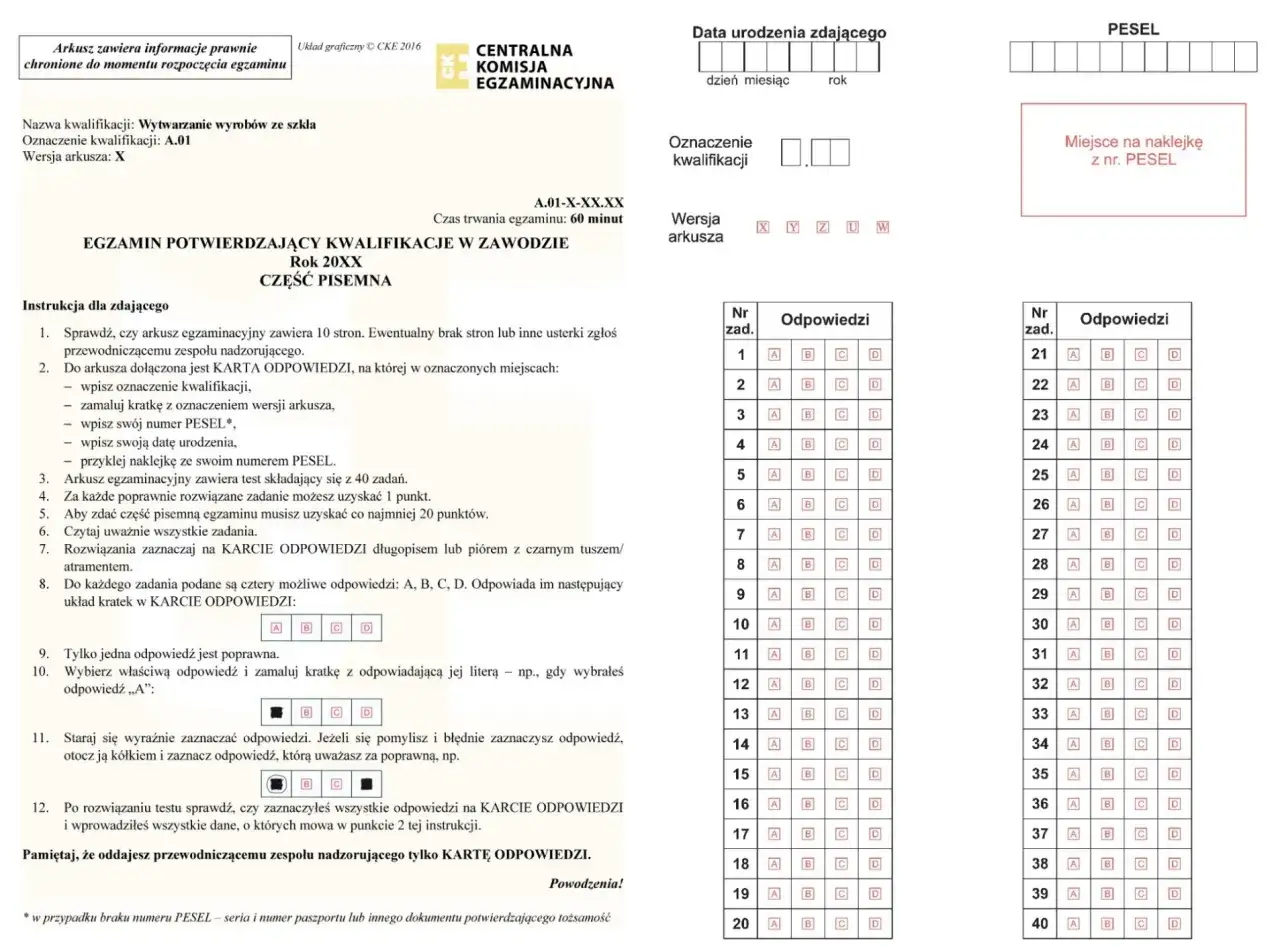Arkusz egzaminacyjny z egzaminów zawodowych 2026. Karta odpowiedzi do testu pisemnego z kwalifikacji A.01.