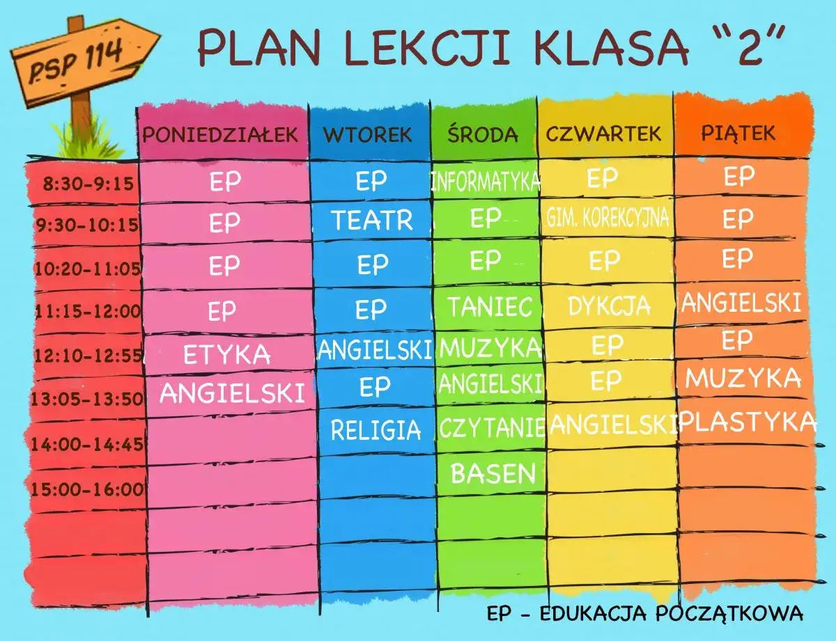 Plan lekcji klasy 2. W środę jest religia, a w poniedziałek i wtorek nie.